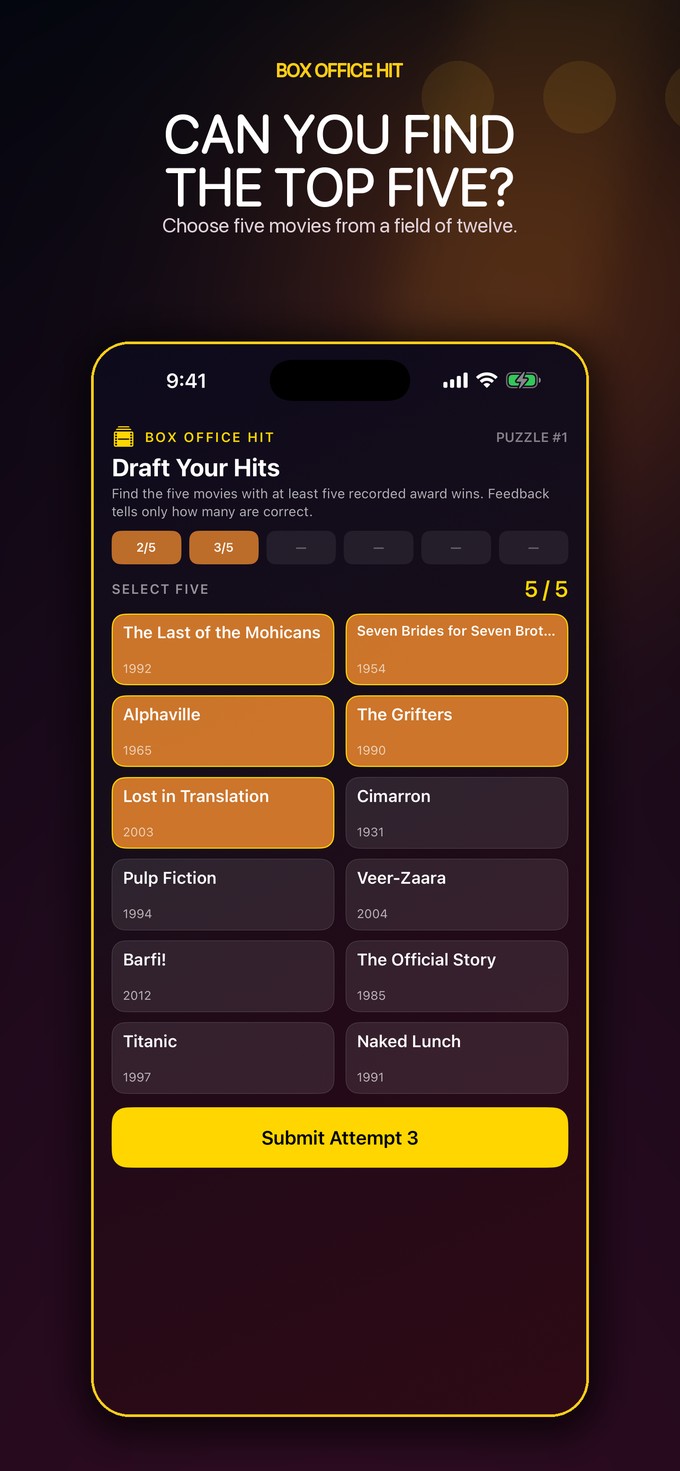 Box Office Hit draft selection screen